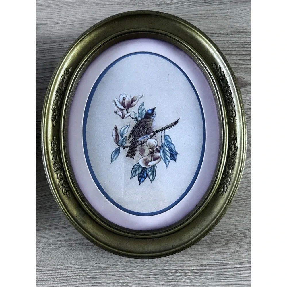 Vintage Homco Bird Magnolia Framed Print Pair Gold Oval Wall Art 11x9